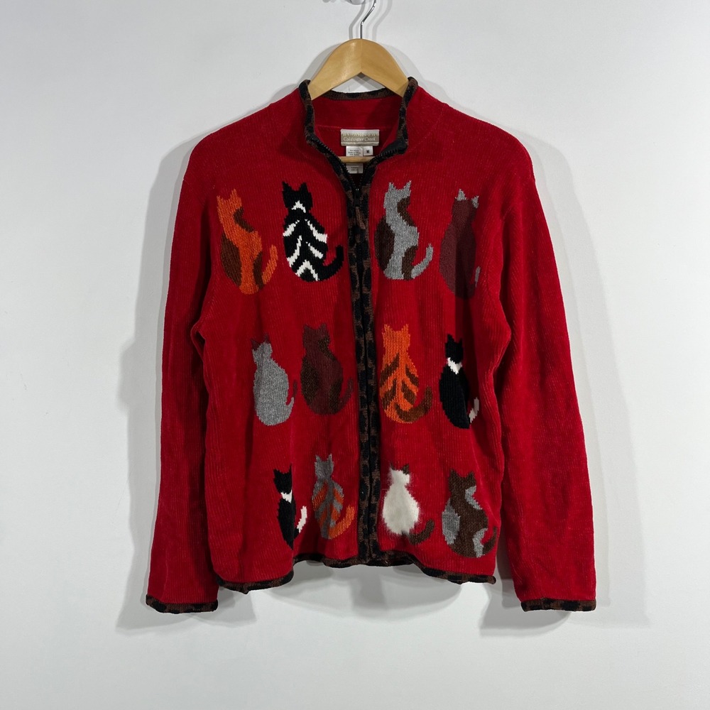 Coldwater Creek VTG 90s Cat Novelty Print Cardigan Sweater Animal Womens Medium